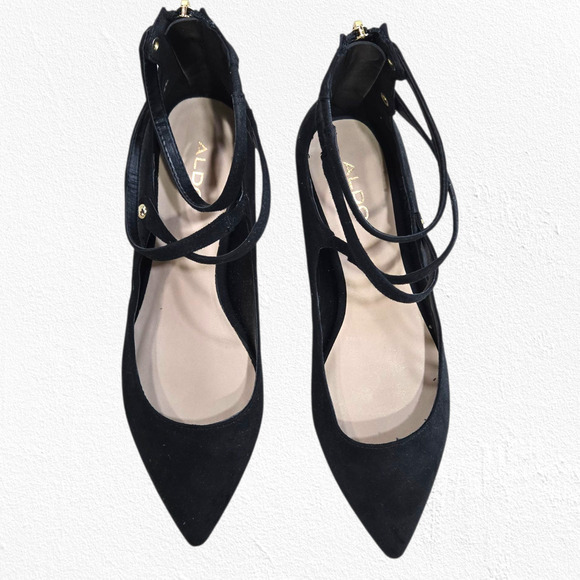 Aldo Black Suede Marieta Lace-Up Flats Gold Heel Zip Ballet Shoes Size 6.5 NWT - Picture 3 of 13